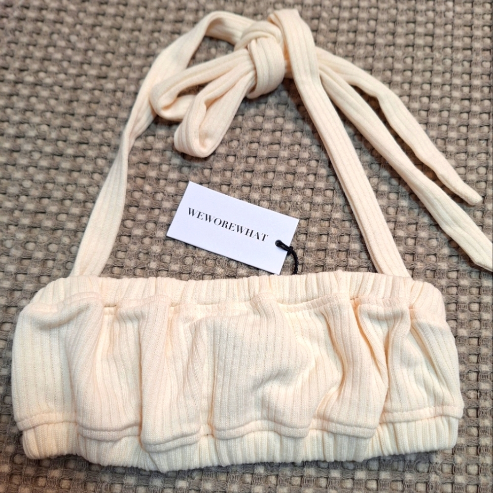 WeWoreWhat BEIGE heather halter top with tie at neckline. Size XS